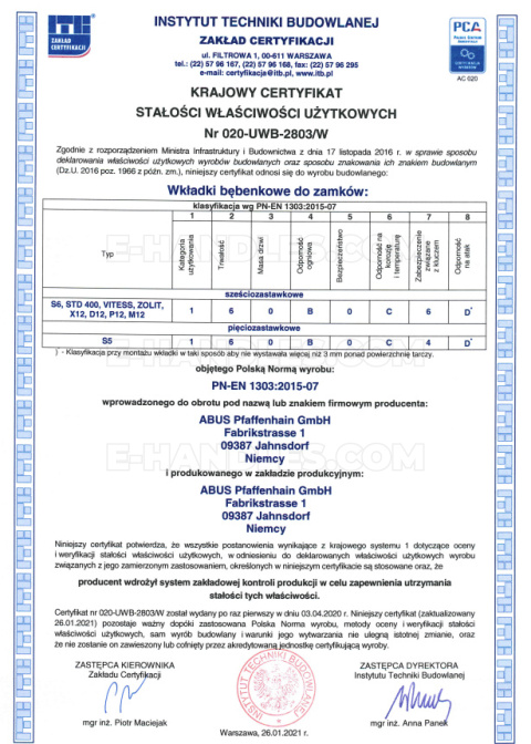 Wkładka drzwiowa z gałką ABUS X12, 100 (30x70G) gałka-klucz, niklowana