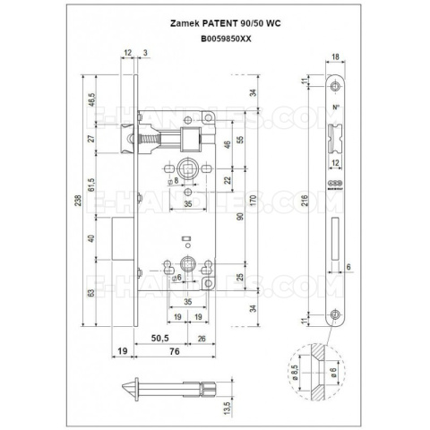 Zamek AGB PATENT GRANDE do WC 90/50 chrom mat, wymiary czoła18x238mm, B005985034