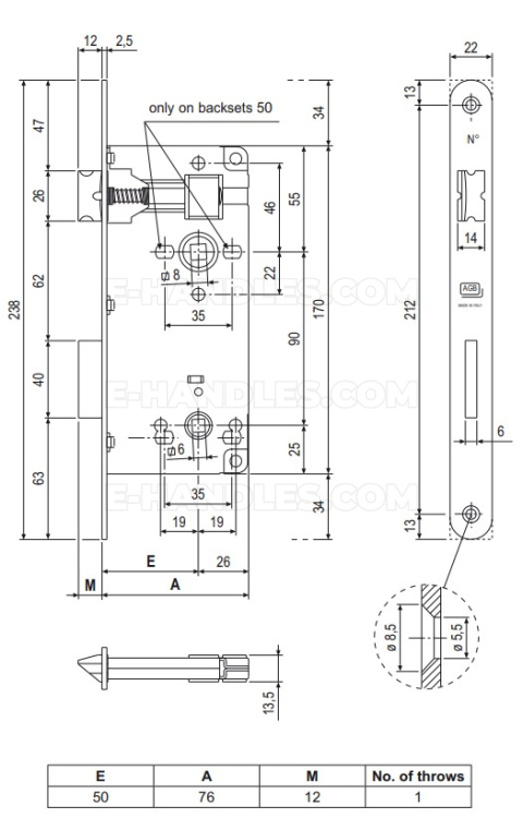 Zamek AGB PATENT GRANDE do WC 90/50 niklowany, wymiary czoła 22x238mm, B005955006