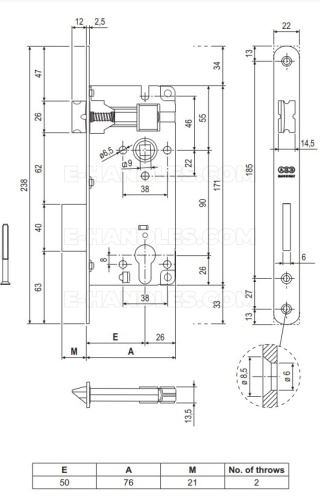 Zamek AGB PATENT GRANDE na wkładkę 90/50 brązowy z dźwignią t.9, wymiary czoła 22x238mm B025915022