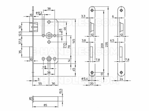 Zamek Wilka 1120 20/55/78/8 prawy srebrny nikiel, wymiary czoła 20x235mm, 000057