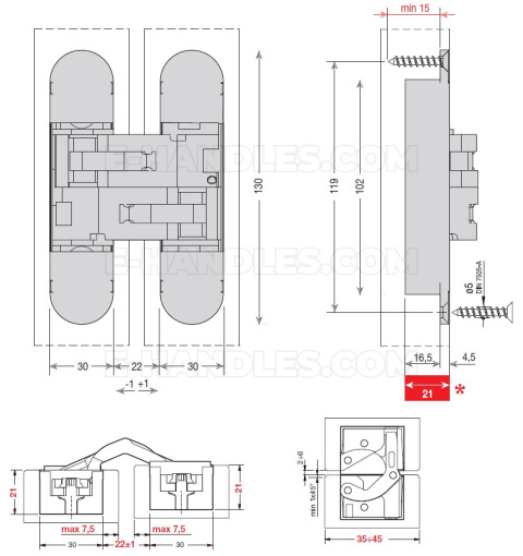 Петля дверна CEAM 1230s 130x30 mm. (2 шт-70kg) silver painted