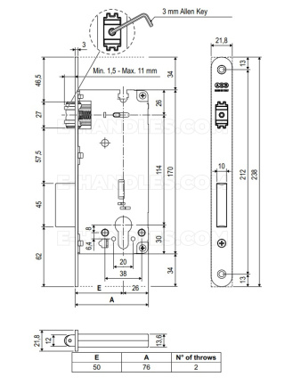 Zamek rolkowy AGB SICUREZZA na wkładkę 50 chrom mat, wymiary czoła 21,8x238mm B208515034