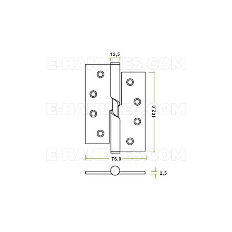 Wymiary zawiasu ZHRBR243 102 na 76 na 2,5 mm