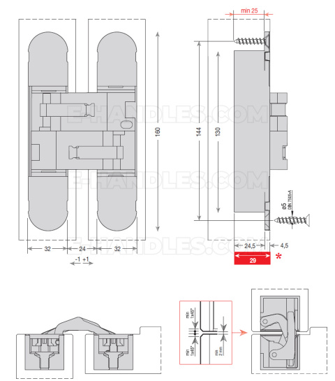 Zawias niewidoczny CEAM 1131S,160X32mm. (2 szt-80kg, 3 szt-120kg) silver painted