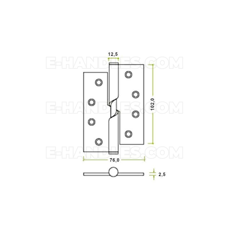 Wymiary prawego zawiasu ZHRBL243 102 na 76 na 2,5 mm