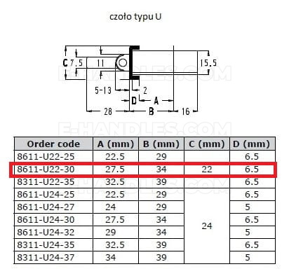 Zamek 30/22U zapadkowy 8611-U22-30 do profili metalowych na wkładkę, REYNAERS/Sobinco