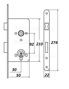 Zamek 92/30/22U zapadkowy 8601-U22-30 do profili metalowych na wkładkę, REYNAERS/Sobinco