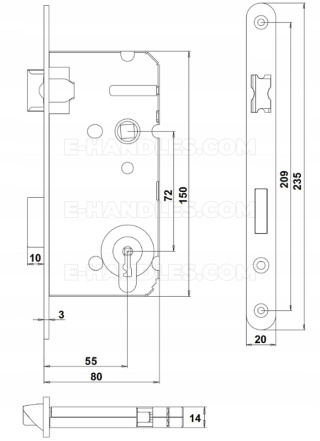 Zamek ASSA ABLOY 20/55/72 prawy, wymiary czoła 20x235mm, lob yeti