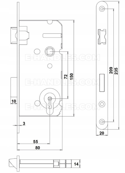 Zamek ASSA ABLOY 20/55/72 lewy, wymiary czoła 20x235mm, lob yeti