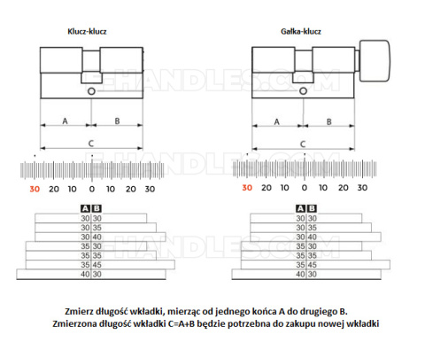 Wkładka drzwiowa z gałką 70mm G35x35 mosiądz połysk mod. 9500