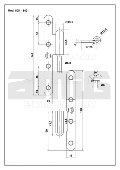 Zawias drzwiowy 140x55x3 - czarny, drzwi lewe, 505/24873