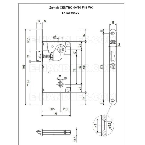 Zamek AGB CENTRO do WC 90/50 bez rygla chrom mat B010135034