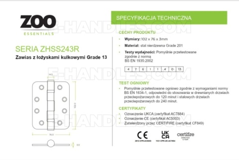 Zawias drzwiowy ZHSS243R, 102x76x3mm - stal nierdzewna, chrom połysk