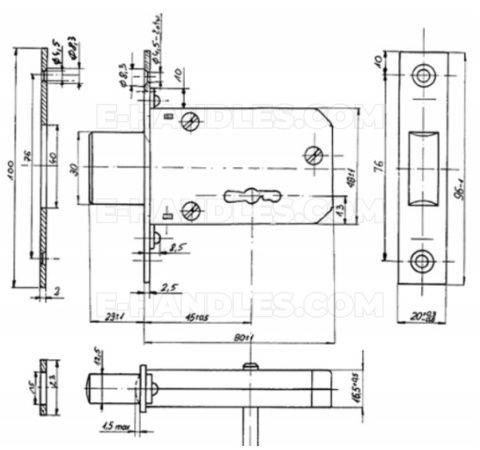 KJ/P-22 zamek 45mm wpuszczany dwupiórowy klucz Metalplast
