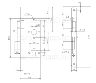 Zamek lewy BMH PZW 55/72, wymiar czoła 235/20/3 (mm) stal srebrna lakierowana