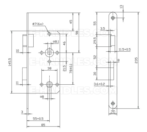 Zamek prawy BMH WC-8mm, 55/78, wymiar czoła 235/20/3 (mm) stal srebrna lakierowana