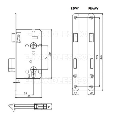 Zamek ASSA ABLOY 20/55/72 lewy, wymiary czoła 20x235mm, lob yeti