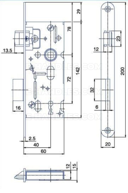 Zamek K103 OB dormas 40/72, wymiary czoła 200x20x2,5 mm, HOBES