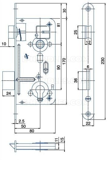 Zamek 24026 PZ dormas 50/90, wymiary czoła 230x20x2,5 mm, HOBES