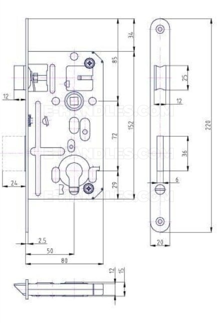 Zamek K133 PZ dormas 50/72, wymiary czoła 220x20x2,5 mm, HOBES