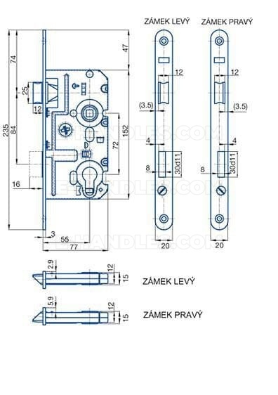Zamek prawy K331 PZ dormas 55/72, wymiary czoła 230x20x3 mm, HOBES