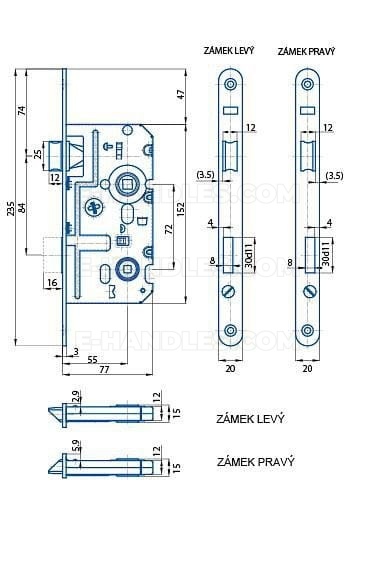 Zamek prawy K332 do WC 6x6, dormas 55/72, wymiary czoła 235x20x3 mm, HOBES