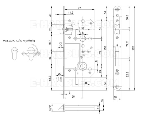 Zamek ALFA na wkładkę 72/50 mosiądzowany F18x220