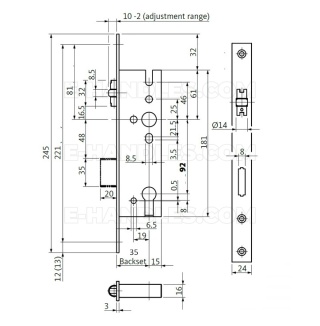 GU BKS dormas 35, wymiary czoła 245x24x3 zamek rolkowy na wkładkę , B 1315 0012