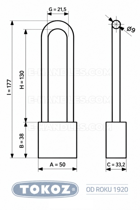 Kłódka TOKOZ 112/50 LONG – długi pałąk 130mm Ø9 mm, 3 klucze
