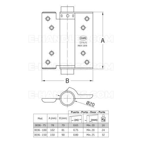 Zawias wahadłowy AMIG 3036-75mm sprężynowy INOX