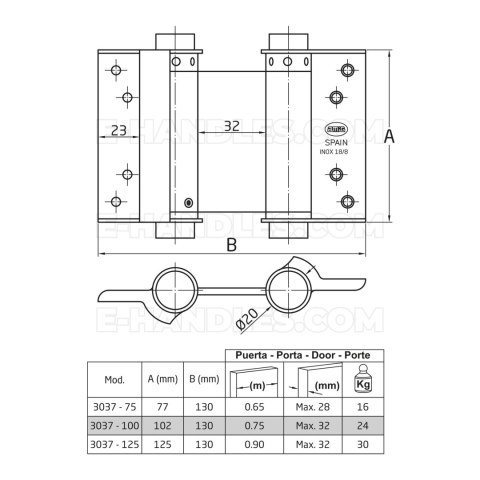 Zawias wahadłowy AMIG 3037-100mm INOX